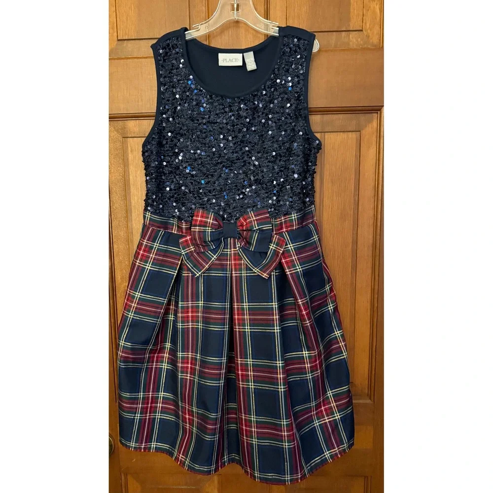 The Children's Place Sequin Plaid Dress Girls L 10/12 Blue Holiday Festive Party